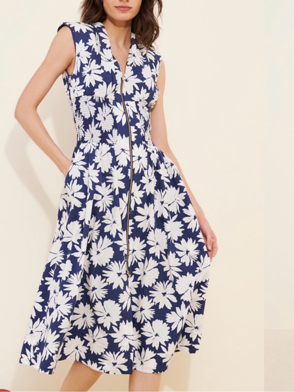 Anthropologie Tommie Cap Sleeve Smocked Front Zip Midi Dress Slate Floral Medium